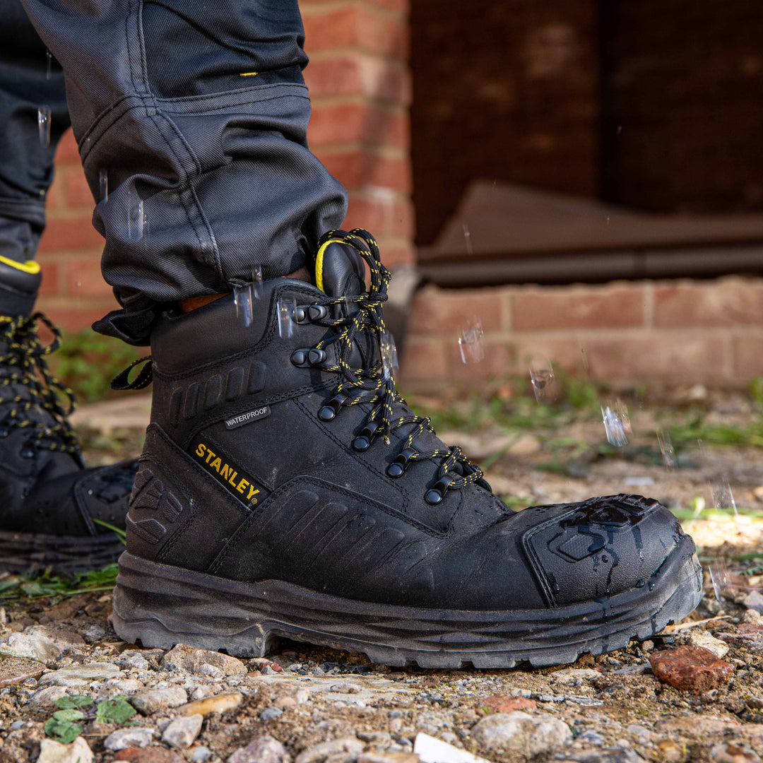 STANLEY Aramac Men's Waterproof, Steel Midsole Plate, Steel Toe Safety Work Boot, Black, Model Side View Facing Right