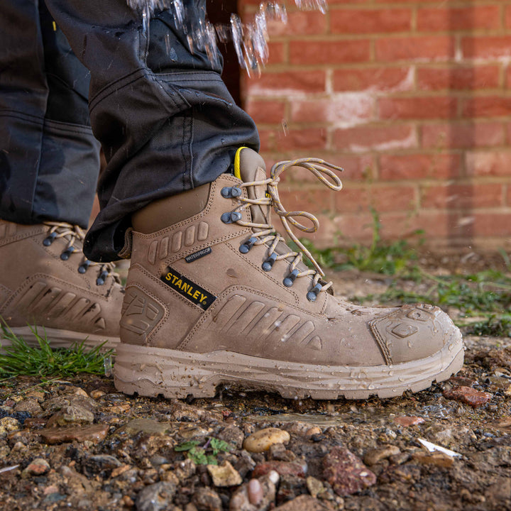 STANLEY Aramac Men's Waterproof, Steel Midsole Plate, Steel Toe Safety Work Boot, Stone, Model View Facing Right