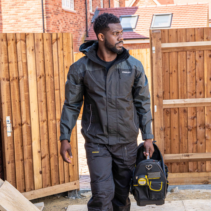 STANLEY Assent Men's Water Resistant, Nylon Ripstop, Regular Fit Work Jacket, Grey/Black, Model Front View