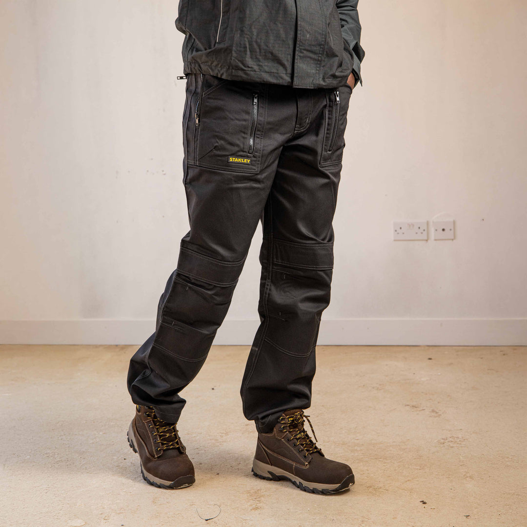 STANLEY Barham Men's Polycotton, Relaxed Fit, Zipper Work Trousers, Black, Model Detail View Facing Right