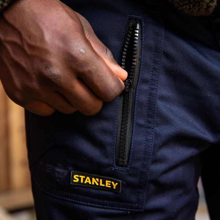 STANLEY Barham Men's Polycotton, Relaxed Fit, Zipper Work Trousers, Navy, Model Pocket Detail View