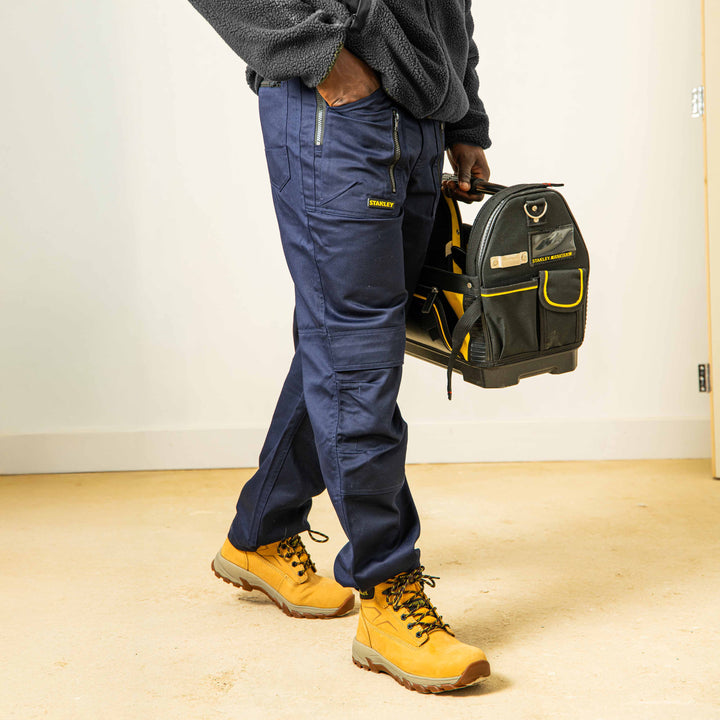 STANLEY Barham Men's Polycotton, Relaxed Fit, Zipper Work Trousers, Navy, Model View Facing Right