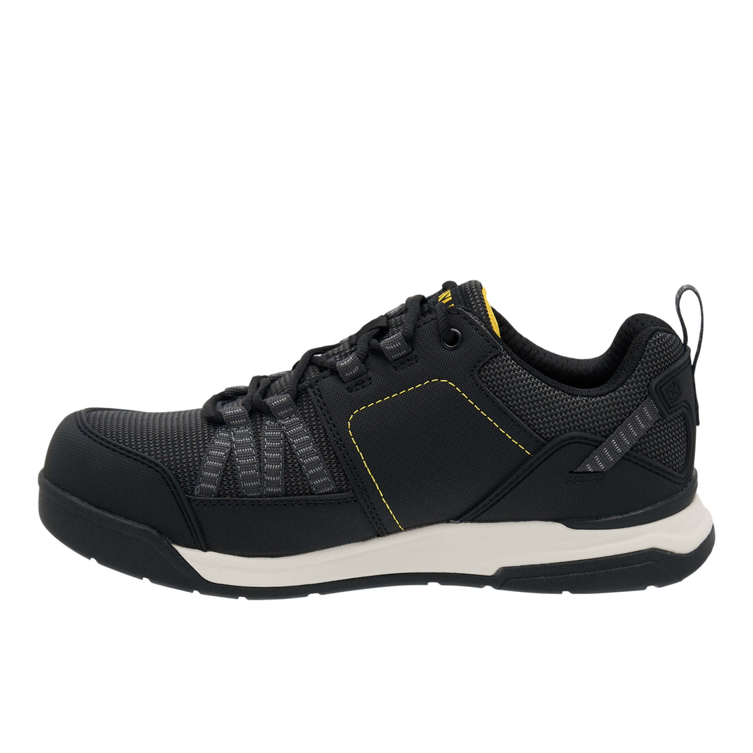 Black athletic shoe with white sole on a white background