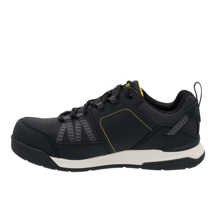 Black athletic shoe with white sole on a white background