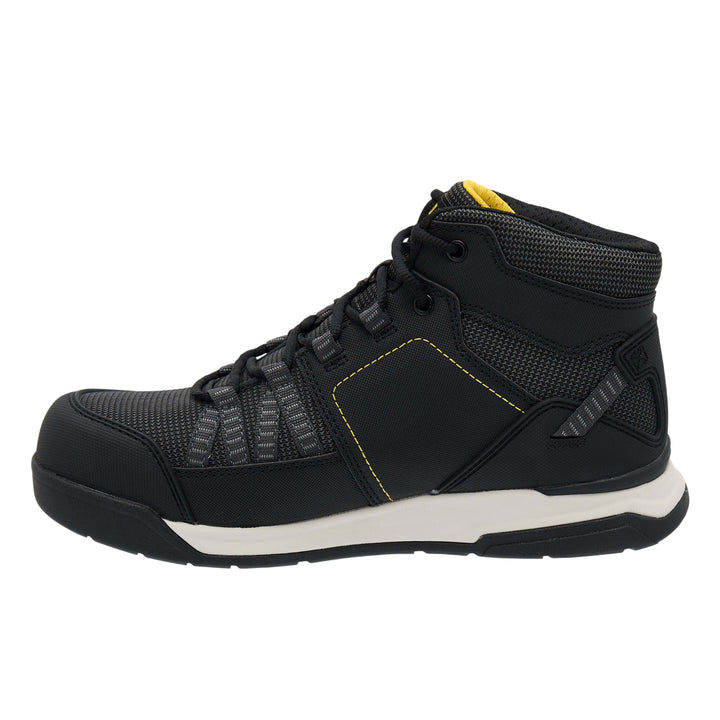 Black high-top sneaker with yellow accents on a white background