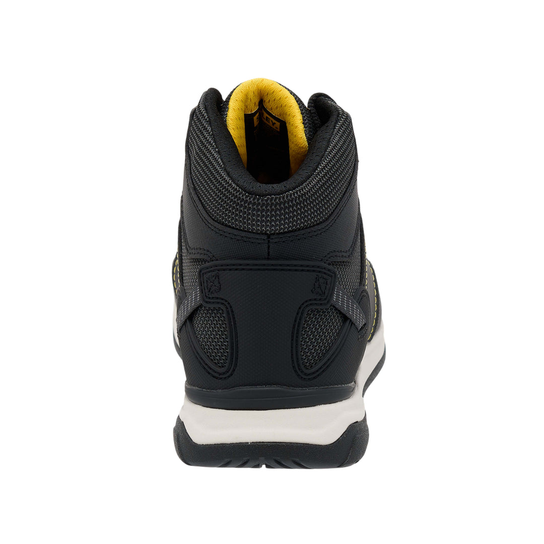 Black high-top sneaker with a white sole on a white background