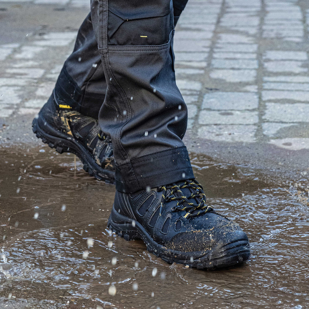 STANLEY Brampton Men's Lightweight, Steel Safety Toe, Steel Midsole Plate Work Boots, Black, Model View Through Puddle