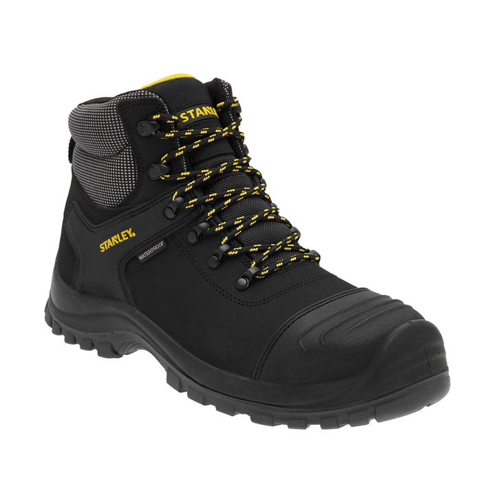 STANLEY Branxton Men's Waterproof, Steel Toe, Steel Midsole Plate, Leather Safety Work Boot, Black, 3/4 View Facing Right