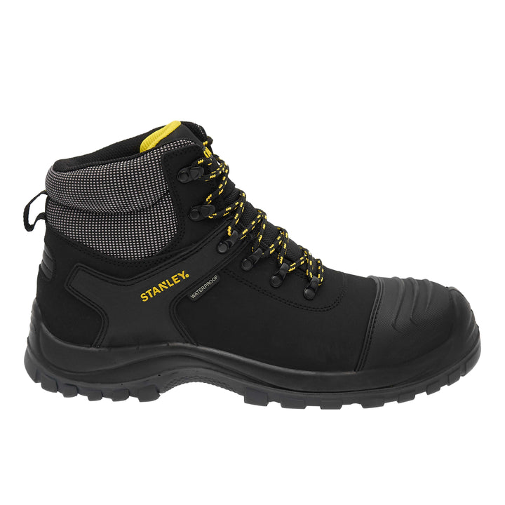 STANLEY Branxton Men's Waterproof, Steel Toe, Steel Midsole Plate, Leather Safety Work Boot, Black, Side View Facing Right