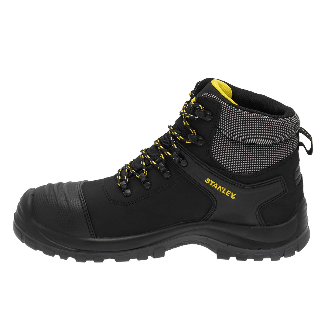 STANLEY Branxton Men's Waterproof, Steel Toe, Steel Midsole Plate, Leather Safety Work Boot, Black, Side View Facing Left