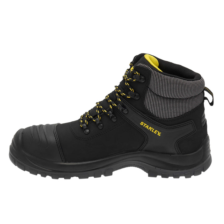 STANLEY Branxton Men's Waterproof, Steel Toe, Steel Midsole Plate, Leather Safety Work Boot, Black, Side View Facing Left