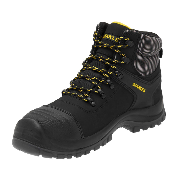 STANLEY Branxton Men's Waterproof, Steel Toe, Steel Midsole Plate, Leather Safety Work Boot, Black, 3/4 View Facing Left