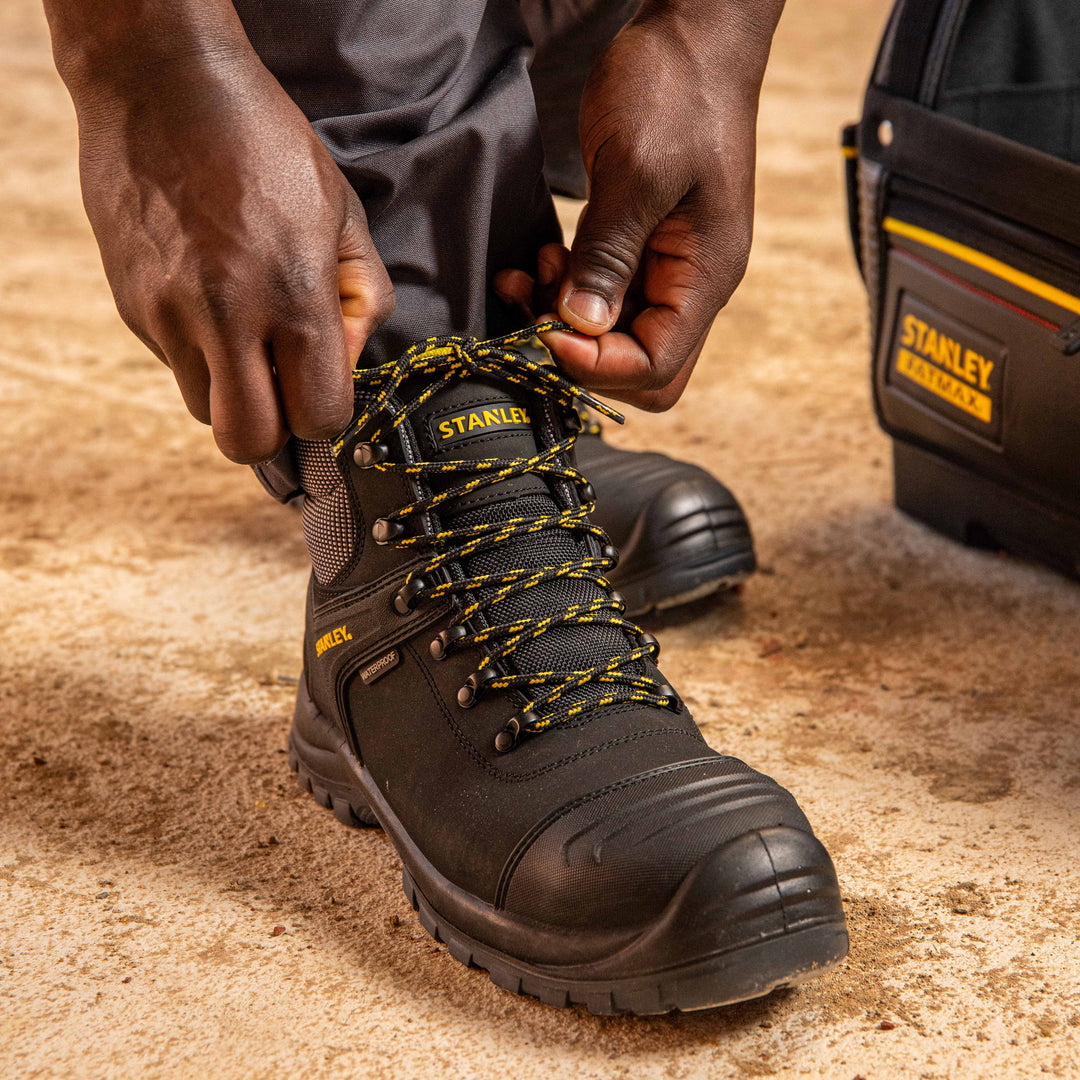 STANLEY Branxton Men's Waterproof, Steel Toe, Steel Midsole Plate, Leather Safety Work Boot, Black, Model Detail View