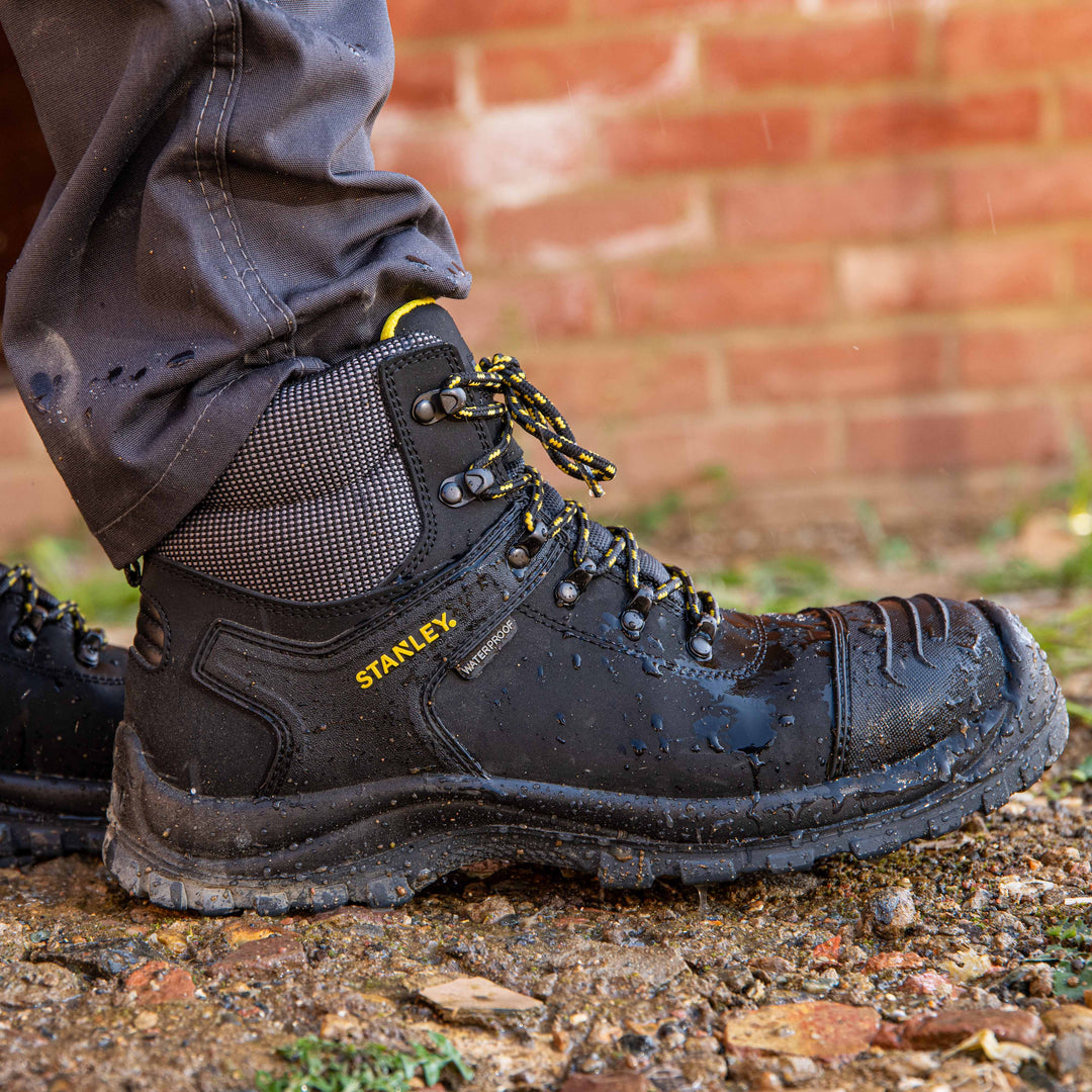 STANLEY Branxton Men's Waterproof, Steel Toe, Steel Midsole Plate, Leather Safety Work Boot, Black, Model Waterproof Detail View