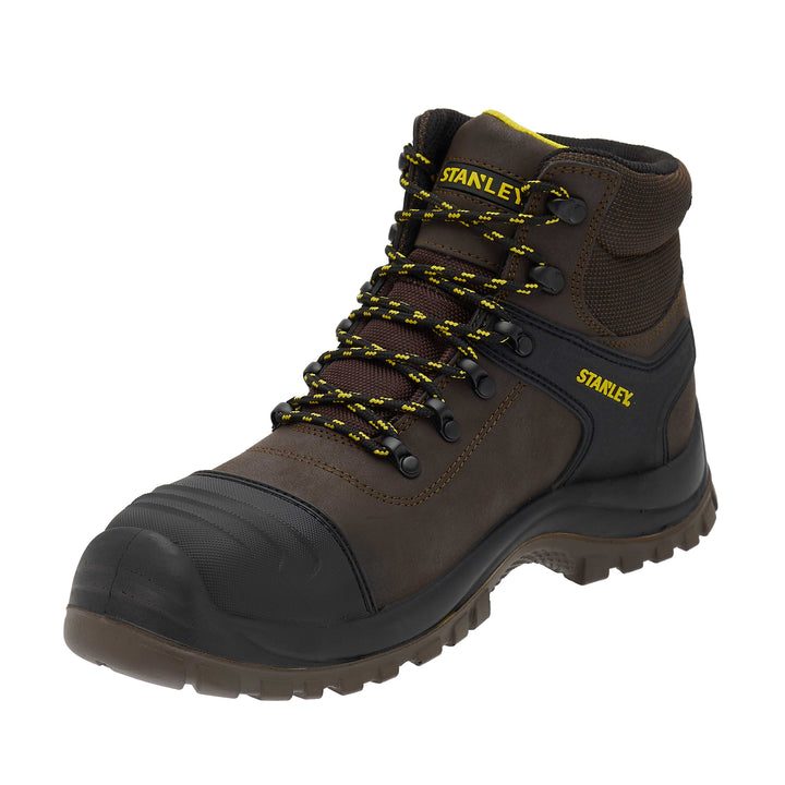 STANLEY Branxton Men's Waterproof, Steel Toe, Steel Midsole Plate, Leather Safety Work Boot, Brown, 3/4 View Facing Left
