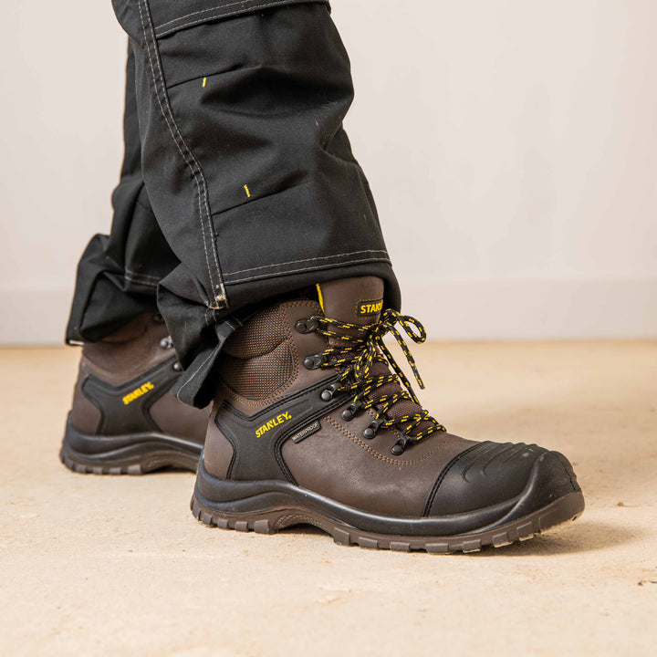 STANLEY Branxton Men's Waterproof, Steel Toe, Steel Midsole Plate, Leather Safety Work Boot, Brown, Model Side View Facing Right