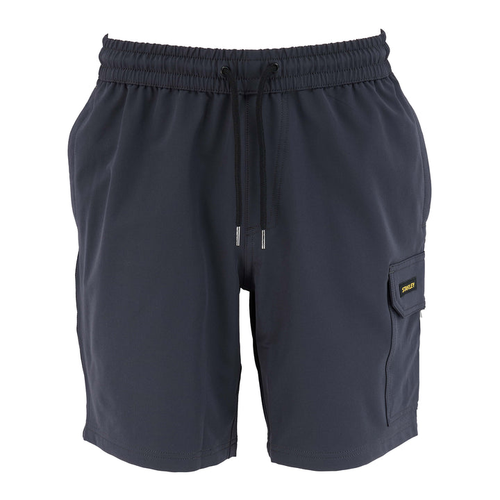 Grey shorts with a pocket and drawstring on a white background
