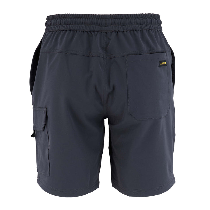 Dark gray shorts with a brand logo on a white background