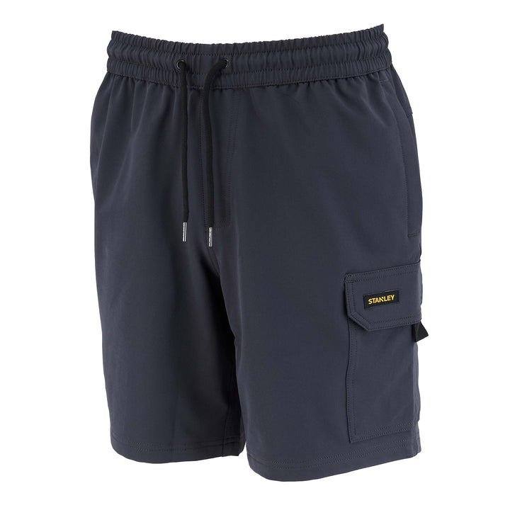 Dark gray shorts with a pocket and drawstring on a white background