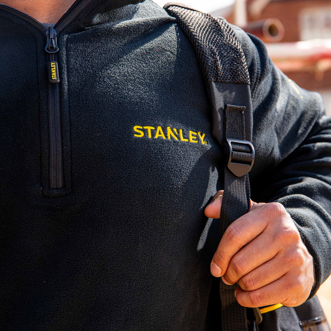 STANLEY Gadsden Men's Lightweight, Quarter-Zip, Regular Fit Work Fleece, Black, Model Front Detail View