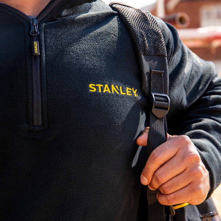 STANLEY Gadsden Men's Lightweight, Quarter-Zip, Regular Fit Work Fleece, Black, Model Front Detail View