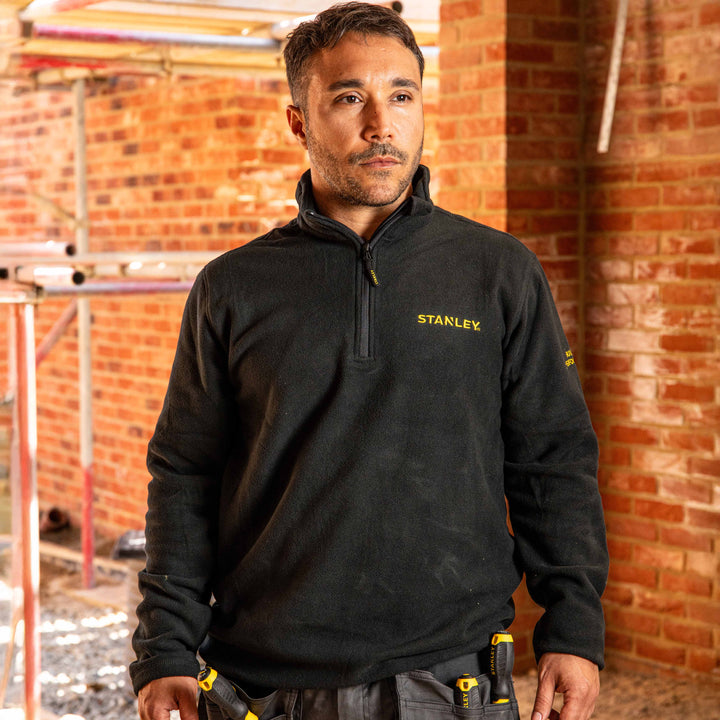 STANLEY Gadsden Men's Lightweight, Quarter-Zip, Regular Fit Work Fleece, Black, Model Front View