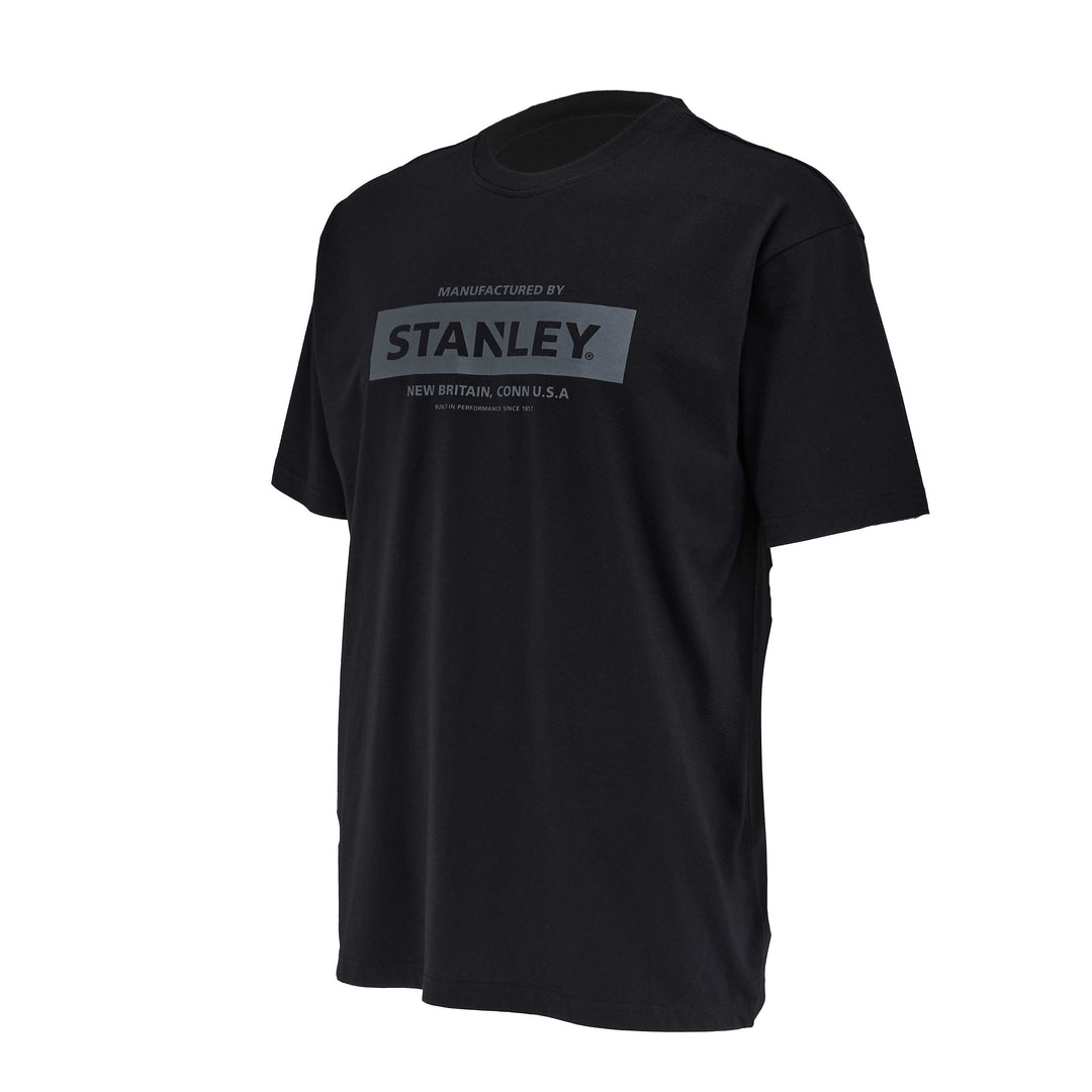 Black t-shirt with Stanley logo on a white background