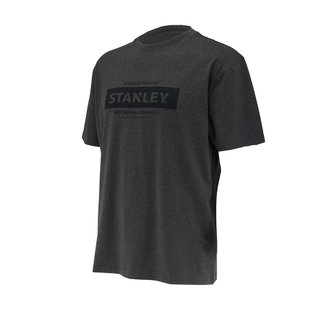 Dark gray t-shirt with Stanley logo on a white background