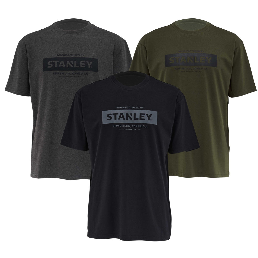Three t-shirts in gray, black, and green with Stanley logo on a white background