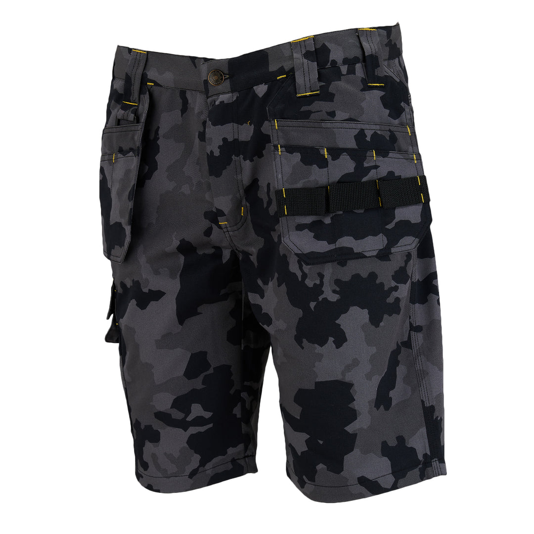 STANLEY Hanley Men's Poly Cotton, Holster Pocket, Cargo Work Shorts, Black Camo, 3/4 View Facing Left