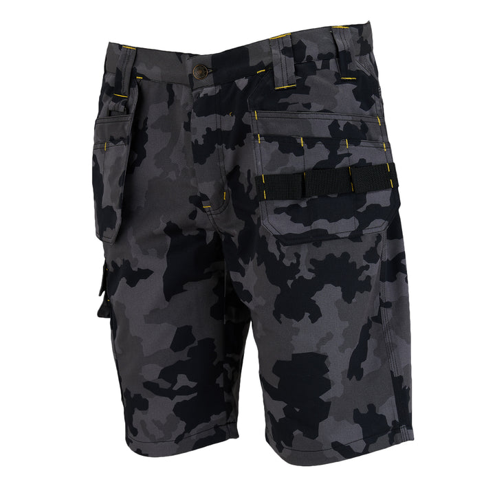 STANLEY Hanley Men's Poly Cotton, Holster Pocket, Cargo Work Shorts, Black Camo, 3/4 View Facing Left