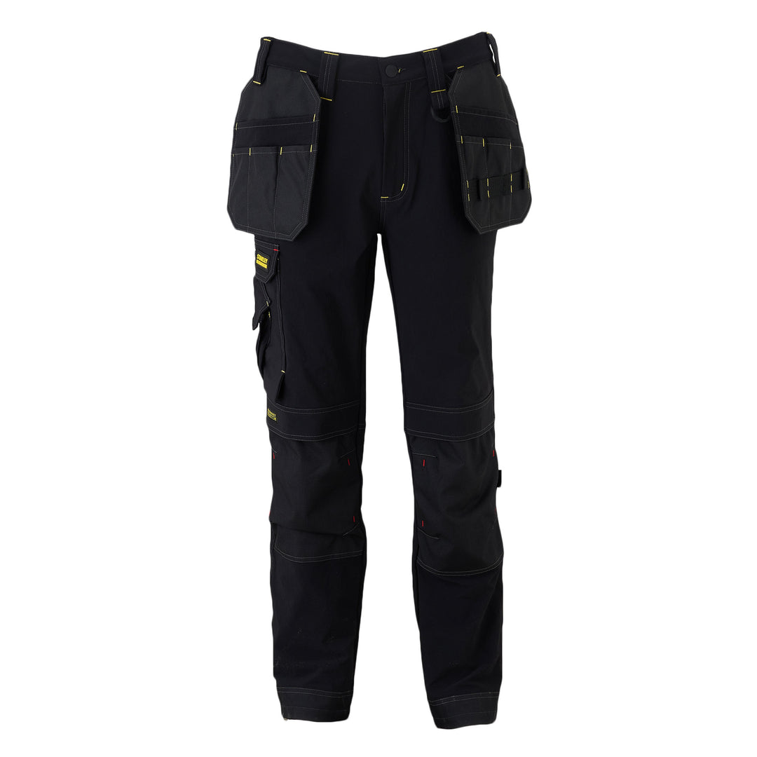 Black work pants with multiple pockets on a white background