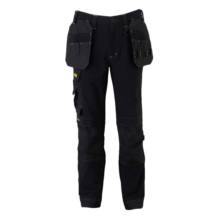 Black work pants with multiple pockets on a white background