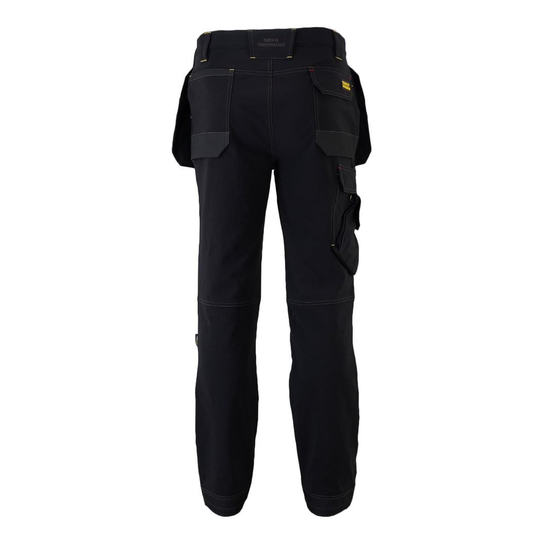 Black work pants with multiple pockets on a white background