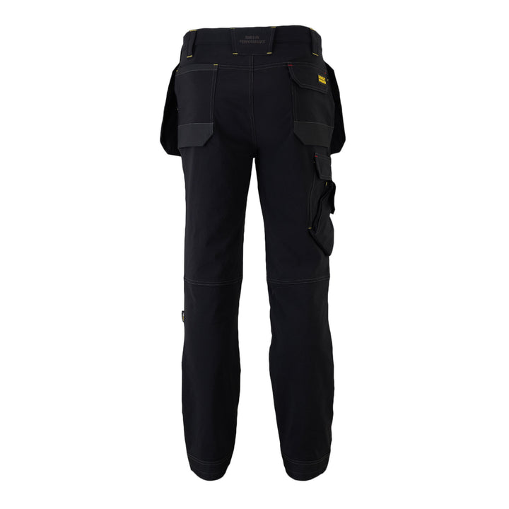 Black work pants with multiple pockets on a white background