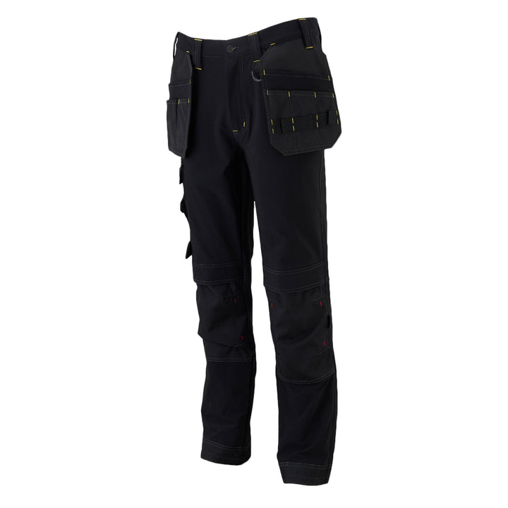 Black work pants with multiple pockets on a white background
