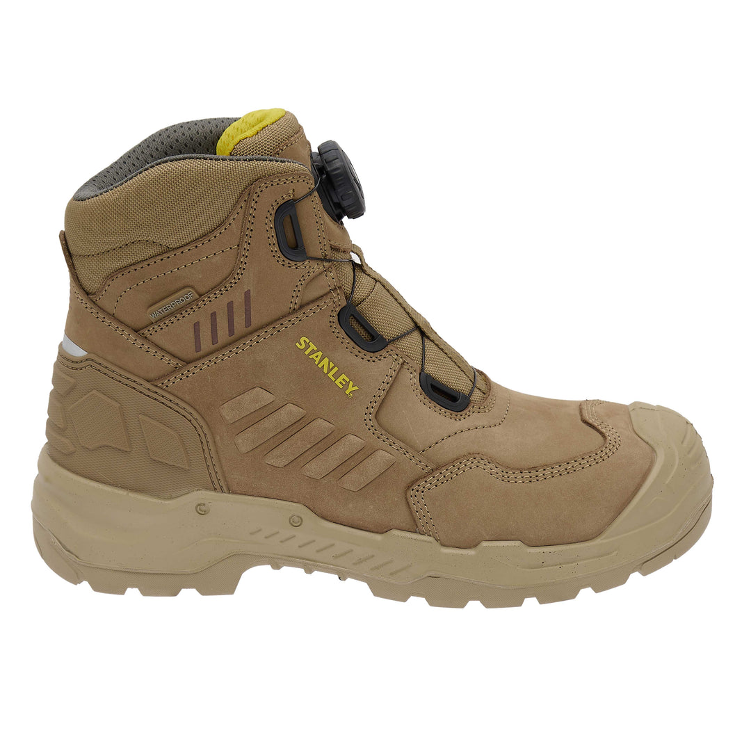 STANLEY Michigan Men's Fitgo Lacing System, Waterproof, S7 Safety Work Boot, Stone, Side View Facing Right