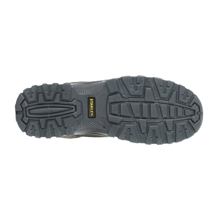 Black safety shoe sole with a brand logo on a white background