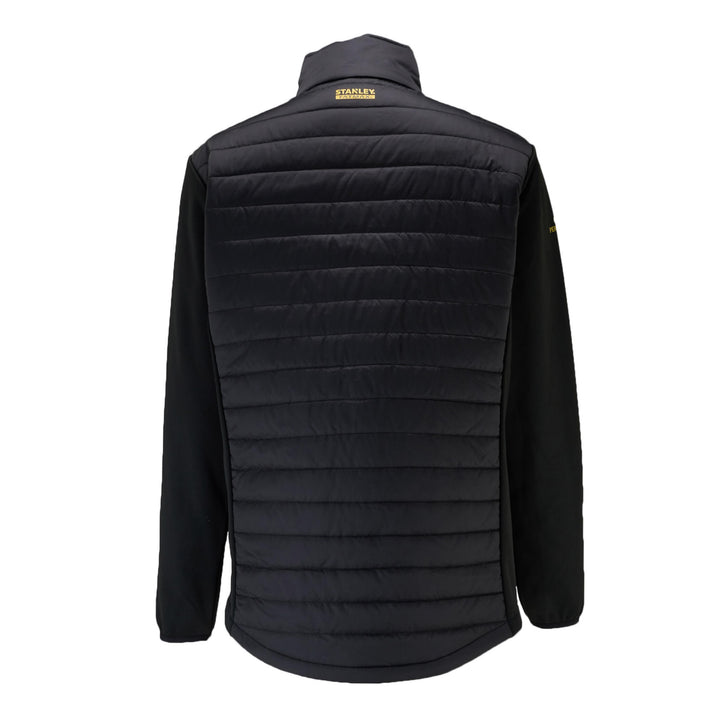 Black quilted jacket with a brand logo on a white background