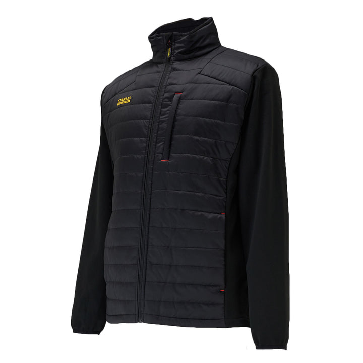 Black insulated jacket with a brand logo on a white background