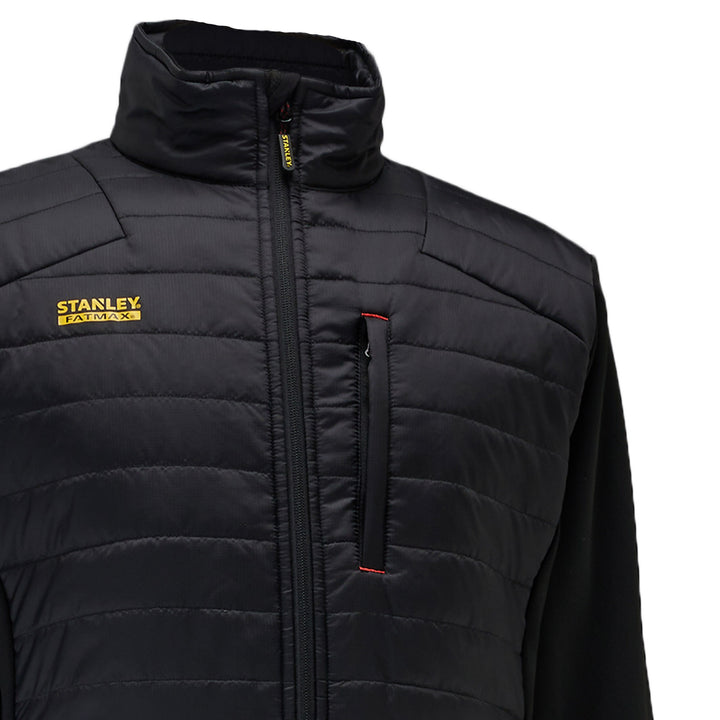 Black quilted jacket with Stanley logo on a white background