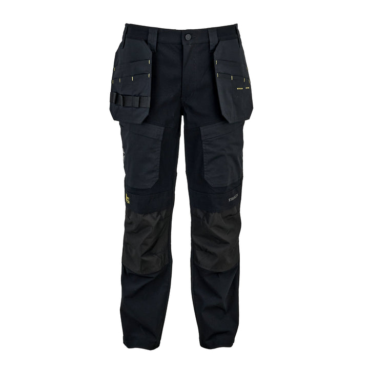 Black work pants with multiple utility pockets and reinforced knee panels, shown against a plain white background.
