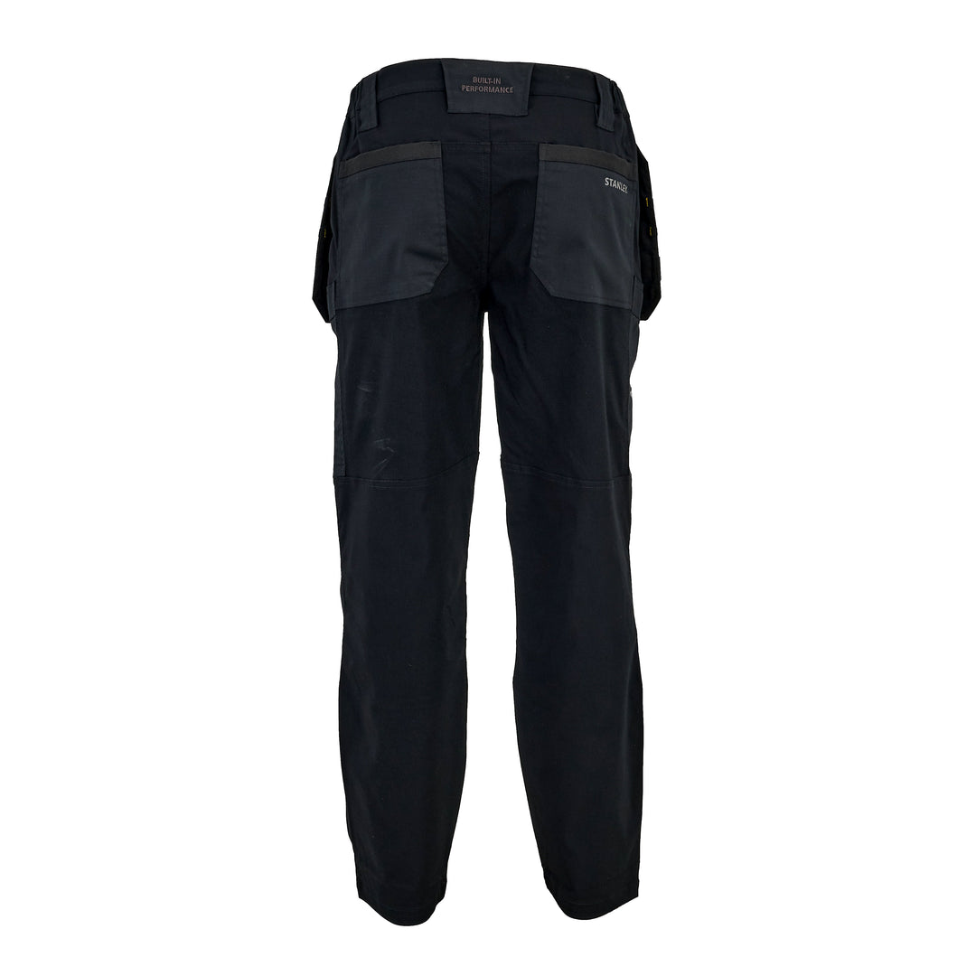 Black work pants with dark gray utility pockets, shown from the back on a white background.