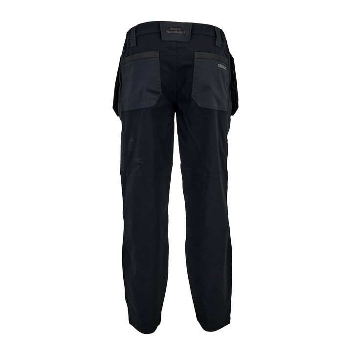 Black work pants with dark gray utility pockets, shown from the back on a white background.