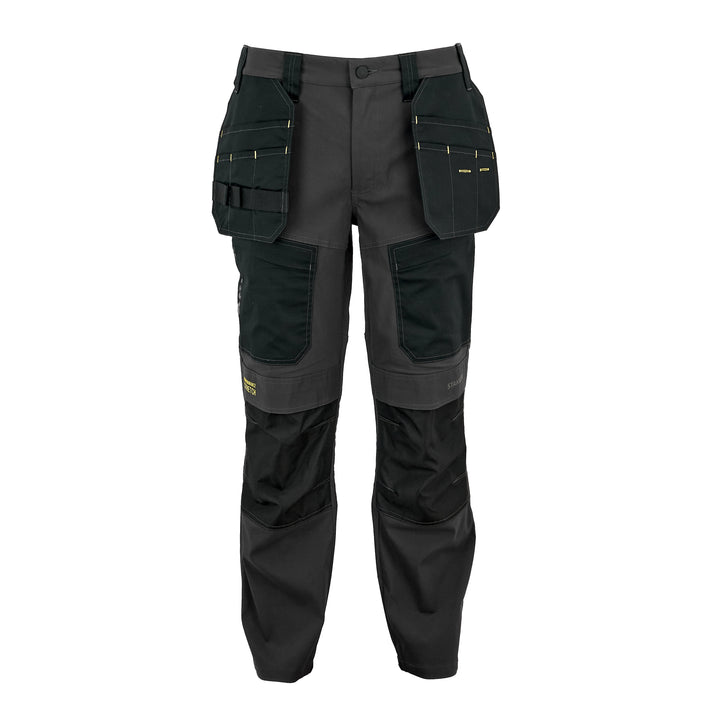 Work pants in dark gray and black with multiple utility pockets, knee panels, and reflective yellow stitching, shown against a plain white background.