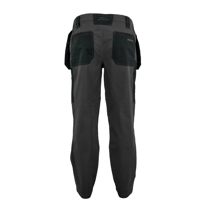 Grey work pants with multiple utility pockets and reinforced knee panels, shown against a plain white background.
