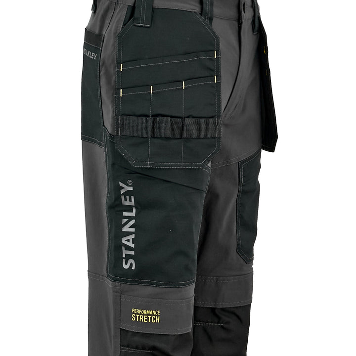 side details of Grey pinnacle utility work trousers 