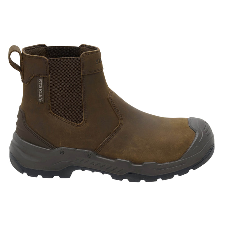 A brown leather ankle boot with a dark gray protective toe cap and sole, featuring a mesh side panel and a pull tab, shown from a side profile on a white background.