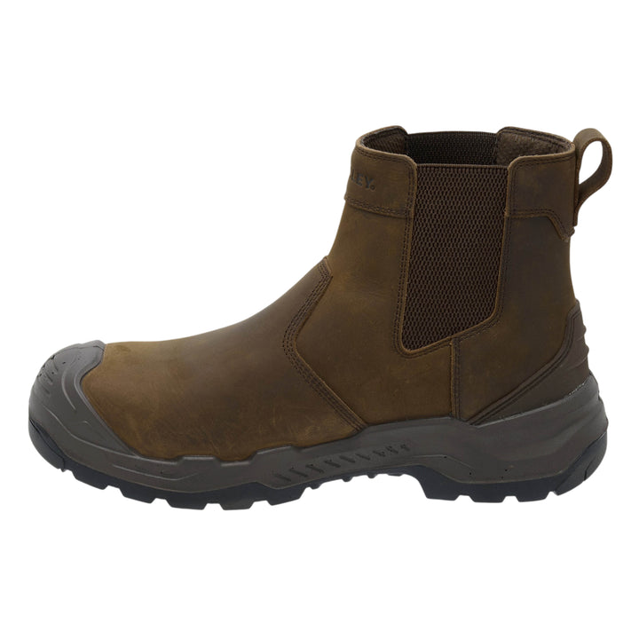 A brown leather ankle boot with a dark gray rugged sole and a black elastic side panel, shown from a side profile on a white background.