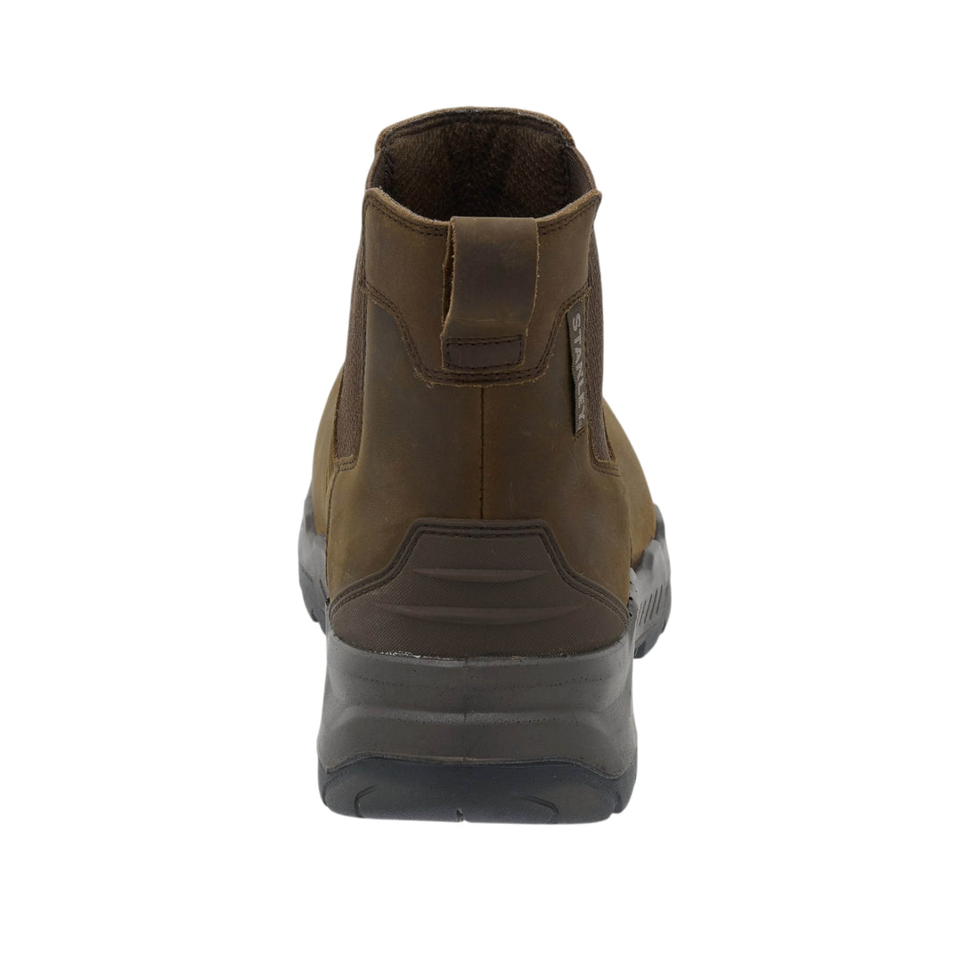 A single brown leather ankle boot shown from the back, featuring elastic side panels and a dark sole, set against a plain white background.